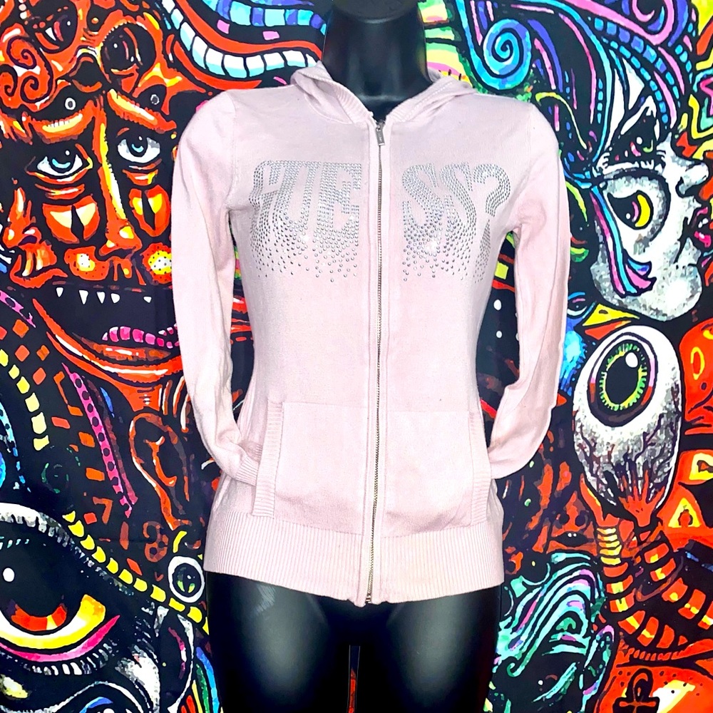 Vintage Baby Pink Zippered Guess Hooded Sweat Shirt With Silver Rhinestones